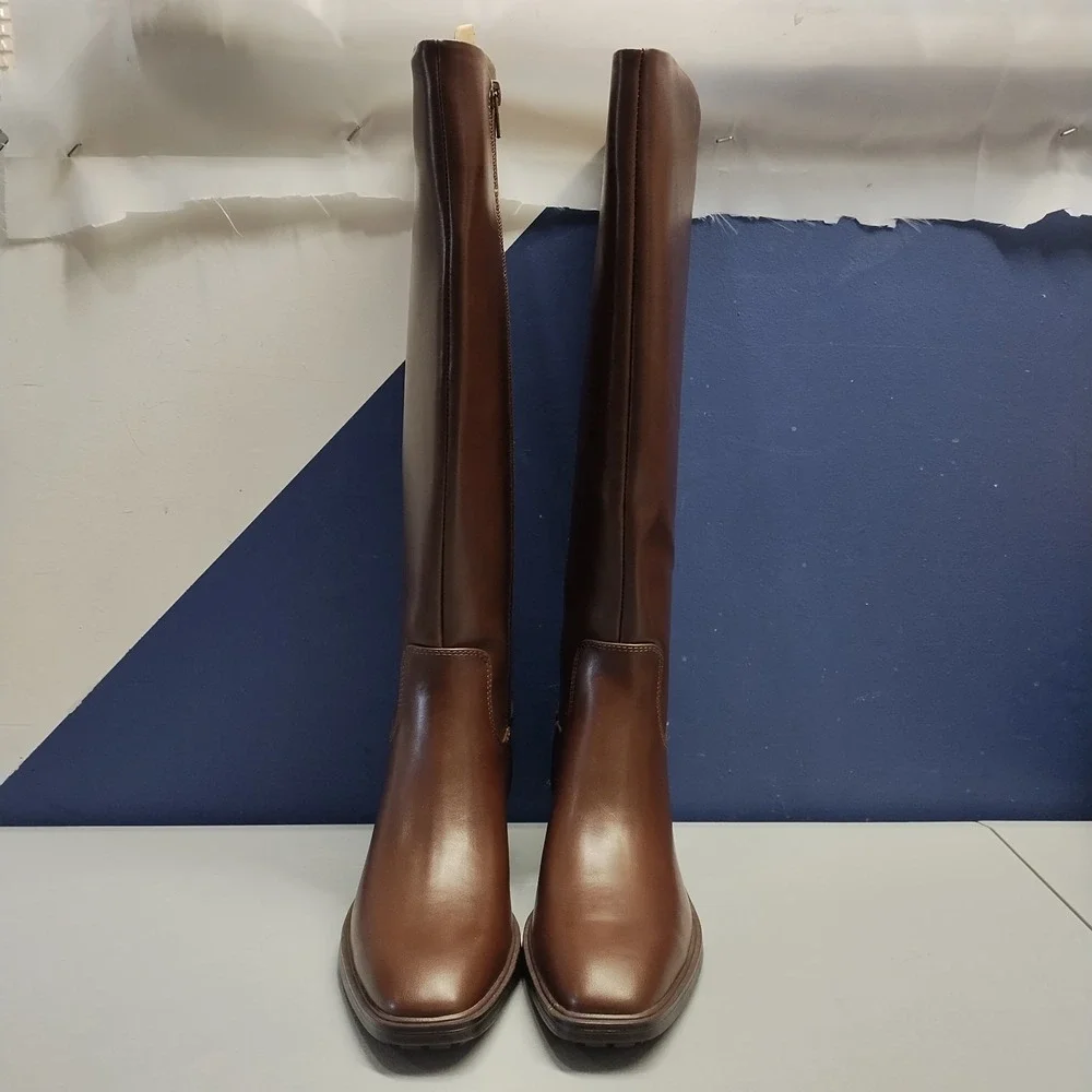 Nine West Blondy Knee High‎ Boots Womens US Size 6M Brown Square Toe Side Zip